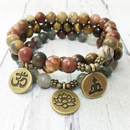 MG0511 Natural Stone Yoga Bracelet Set Handmade Bloodstone Lotus Charm Bracelet Tiger Eye Picasso Jaspers Bracelet for Women241A