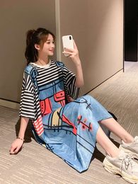 Summer Korean style striped dress covering belly loose large women's dress short sleeve long skirt over knee T-shirt skirt