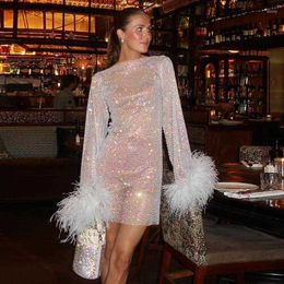 Basic Casual Dresses Casual Dresses Sexy Mesh Feathers Tassel Mini Dress Pink Shinny Sequins Long Sleeve Rhinestones Women Club Party 2022 Lady Outfit L230909