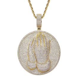 14K Gold Praying Hands Medal Christian Pendant Charm Round Diamond Cubic Zirconia Gold Silver Necklace with 24inch Rope Chain266s