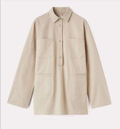 23 New Tot * Solid Cotton Half Open Patch Pocket Long Sleeve Women's Shirt Top
