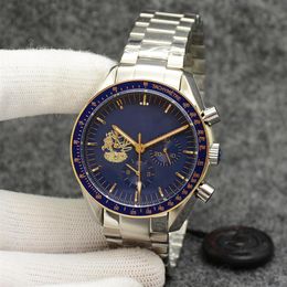 Eyes on the stars Watch Chronograph sports Battery Power limited Two Tone Gold Blue Dial Quartz Professional Dive Wristwatch Stain196G