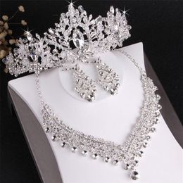 Bride wedding crown necklace earrings three-piece set designer white crystal jewelry set handmade fine craft headpieces259z