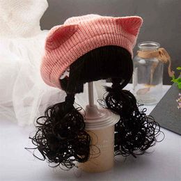 Kids Girls Knitted Beret Hat Long Hair Braid Wig Cap Autumn Winter Warm Fashion Outdoor Children Baby Hats And Caps L220728297j