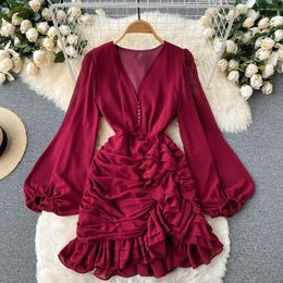 Casual Dresses Spring Summer V-Neck High-Waisted Sexy Pleated Wooden Ear Irregular Bubble Sleeve Fishtail Mini