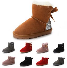 Kinderstiefel über dem Knie, klassische Mini-Schneestiefel für Kinder, Winter, Schleife, Fell, flauschig, pelzig, Satin, Knöchel, Vorschule, Enfant, Kind, Kleinkind, Mädchen, Jungen, Tod