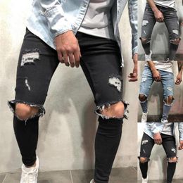 Men's Jeans 2022 Autumn Fashion Street Style Men Tight Leg Ragged Slim Pants Streetwear Hipster Mid Waist Ripped Holes Denim 220S