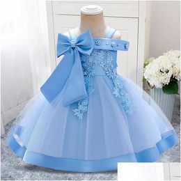 Girl'S Dresses Girls Summer Flower Bow 1St Birthday Dress Baby Girl Clothing One Shoder Baptism Princess Party Costume Kids Toddler Dhufq