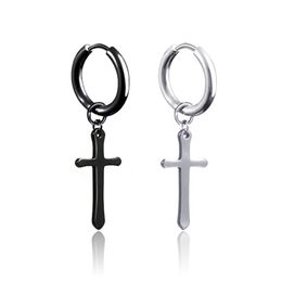 Update Cross Earrings Silver Black Stainless Steel Jesus Crosses Hoop Earrings Clip on Ear Cuff Dangle for Women Man Hip Hop Fashion Jewellery