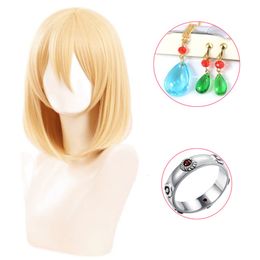 Cosplay Wigs Anime Howl's Moving Castle Wizard Howl Cosplay Short Blonde Yellow Hair Wig Cosplay Ring Earring Wig Necklace a wig cap 230908