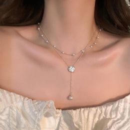 Double layer pearl camellia necklace for women's summer neck chain tassel collarbone chain matching accessories For Women Jew233w