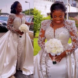 Gorgeous African Mermaid Wedding Dresses With Detachable Train Beaded Lace Appliqued Long Sleeves Luxury Ivory Satin Bridal Gowns 2023