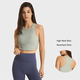 L207 Yoga Tank Top High Neck Bras Gym Women Vest Breathable Racerback Bra Slim Fit Elastic Sports Bra with Removable Cups181o