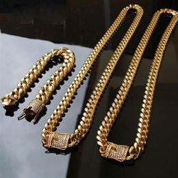 14mm Cool Mens Chain Gold Tone 316L Stainless Steel Necklace Curb Cuban Link Chain and Bracelets Set with Diamond Clasp Lock 2PCS 267Q