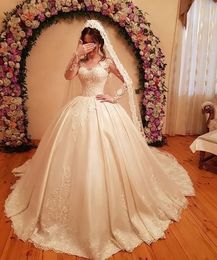 Ball Gown Wedding Dresses White Bridal Gowns Formal Tulle Ivory New Custom Plus Size Lace Up Applique Sweetheart Zipper Long Sleeve Satin