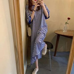 Design sense salt and sweetness black and white striped dress female summer fat mm dress big code loose T-shirt skirt