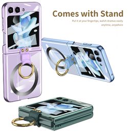 Luxury Magnetic Transparent Vogue Phone Case for Samsung Galaxy Z Folding Flip5 5G Slim Ring Holder Membrane Clear Plating Fold Shell Supporting Wireless Charging