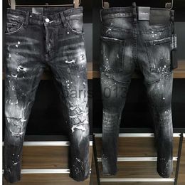 Men's Jeans Black Crystal Patch Jeans Man Fade Painted Rip x0911