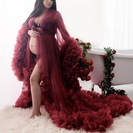 Burgundy Lush Tulle Robe Maternity Dress Long Puffy Sleeves Ruffled See Through Bridal Dresses Po Shoot or Baby Shower277y