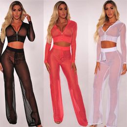 Woman Transparent V-neck Zipper Crop Top Beach Cover Ups sexy women tracksuit Bikini Swimsuit Cover Beach Wear 2PCS Exotic Set255o