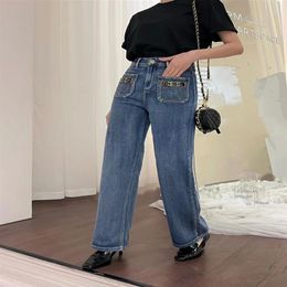 2023 Designer jeans women's new mid-high-waist straight joker jeans lotus leaf trouser leg fashion letter decoration leisure 286H