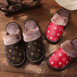 Slippers Unisex PU Leather Slippers Printed Plush Cotton Slipper Women Indoor House Shoes Flat Cozy Home Slippers Winter Warm Flip Flops Q230909