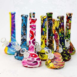 Colorful Camouflage Silicone Bong Pipes Kit Hookah Waterpipe Bubbler Glass Filter Handle Bowl Portable Herb Tobacco Cigarette Holder Smoking Beaker Handpipes DHL