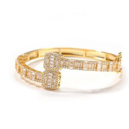 14K Gold Men Ladies Cubic Zirconia Diamond Baguette Square Bangle Bracelet Opening Size Hiphop Jewelry229H