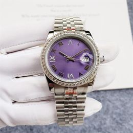 watch for men 36MM Purple Face Fully Automatic Mechanical Diamond Bezel Watch Fashion Wristwatches Girl Gift246L