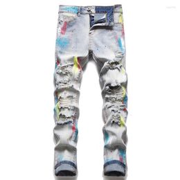 Men's Jeans Splash-ink Brush Paint Rainbow Ripped Trim Soft Cotton Stretch Season Light Blue Cat Whisker Label High Street Fa2165