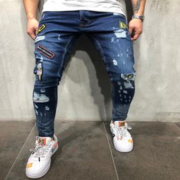 High Quality Mens Skinny Jeans Rip Slim fit Stretch Denim Distress Frayed Biker Jeans Boys Embroidered Patterns Pencil Trousers3228