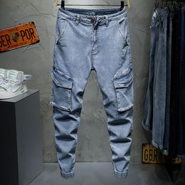 Large Pocket Ankle-Tied Jeans Male Youth Less Light Blue Korean Style Cropped Denim Overalls Four Seasons Elastic Pants