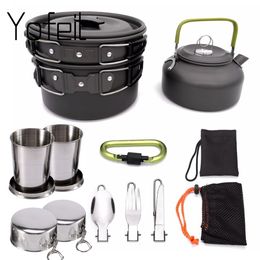 Camp Kitchen 1 Set Outdoor Pots Pans Camping Cookware Picnic Cooking Non stick Tableware With Foldable Spoon Fork Knife Kettle Cup 230909