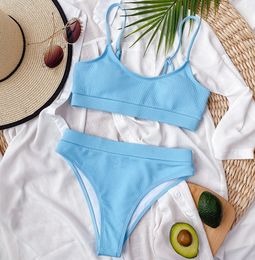 Ribbing Two-piece Suits Sky Blue Sexy Bikini Set High Waist Pleated Wavy Neon Swimsuit Women Fashion Bandage BeachWear Monokini Swimwear Push Up Bathing Suit Biquini