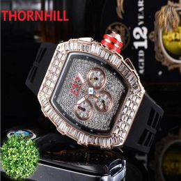 Men Fashion Sport Shinning Watches Hip Hop Mens Quartz Chronograph ICE-Out Bling Bracelet All Dial Work Rubber Calendar Designer d3066