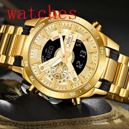 NEW Temeite Brand Gold Mens Quartz Watches Sport Digital Watch Men LED Dual Display Wristwatch Waterproof Luminous Relogio Masculi231g