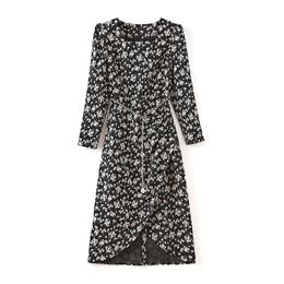 2023 Summer Black Floral Print Dress Long Sleeve Square Neck Waist Belted Knee-Length Casual Dresses S3S08M0932320205