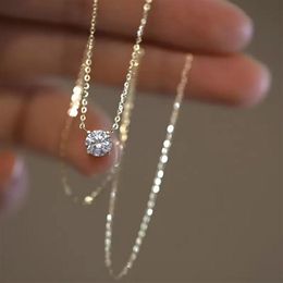 925 Sterling Silver Necklace with 14K Gold Plated Four Prongs Single Diamond Super Flash Temperament Light Luxury Clavicle Chain J287O