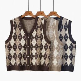 Autumn Diamond Knitted Vest For Women Korean Loose V Neck Cardigan Retro Sleeveless Sweater Jacket Trendy