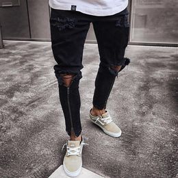 Men's Jeans Slim-fit Zipper Ripped Narrow-leg Pants Trendy Trousers Tight-fitting Denim262g
