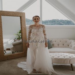 Romantic Jumpsuit Pant Wedding Dress 2023 Illusion Top Lace Overskirt Bohemian Bridal Dresses Sexy Long Sleeve Beach Bride Gown Vestidos De Novia abito da sposa