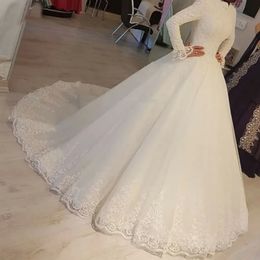 White Ball Gown Wedding Dresses Ivory Bridal Gowns Formal Long Sleeve Applique Zipper Lace Up Plus Size New Custom High Neck Tulle Lace