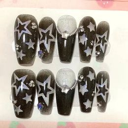 False Nails Handmade Shine Stars Y2K Press On Glitter Fake Nail With Glue Reusable Short Coffin Stiletto Tips 230909