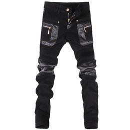 Whole- Korean style cool fashion Mens punk pants with leather zippers Black color Tight skenny Plus size 33 34 36 Rock trouser2748