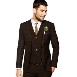 Slim Fits Chocolate Men's Business Suit Cocktail Dress Groom Tuxedos Coat Waistcoat Trousers Sets Jacket Pants Vest Tie W3289u