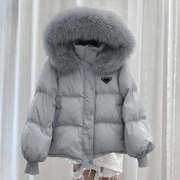 P-ra Luxury Designer Women's Down Jacket Parkas Brands Fashion Lady Loose Thickened Short Fox Big Fur Collar White Duck Down Outerwear Coats Outdoor Hooded Down Jacket