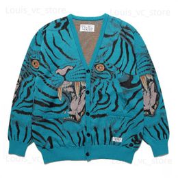 Men's Sweaters Casual Fashion Men Women Loose High Quality V-Neck WACKO MARIA Cardigan Sweater Blue Khaki White Tiger Jacquard Button Coat T230910