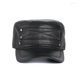 Ball Caps Leather Flat Cap Men Male Stylish Authentic Short Brim Thin Military Hat Hombre Casual Metal Holes Hockey Casquette