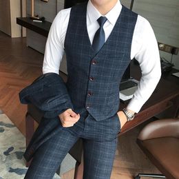 Vest Pants 2piece Mens Fashion Plaid Formal Groom Wedding Dress Suit Vest and Pants Men Plaid Business Suit Trousers243y