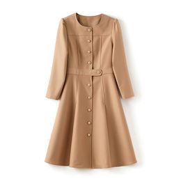 2023 Summer Khaki Solid Color Dress Long Sleeve Round Neck Buttons Knee-Length Casual Dresses S3S08M0932320612